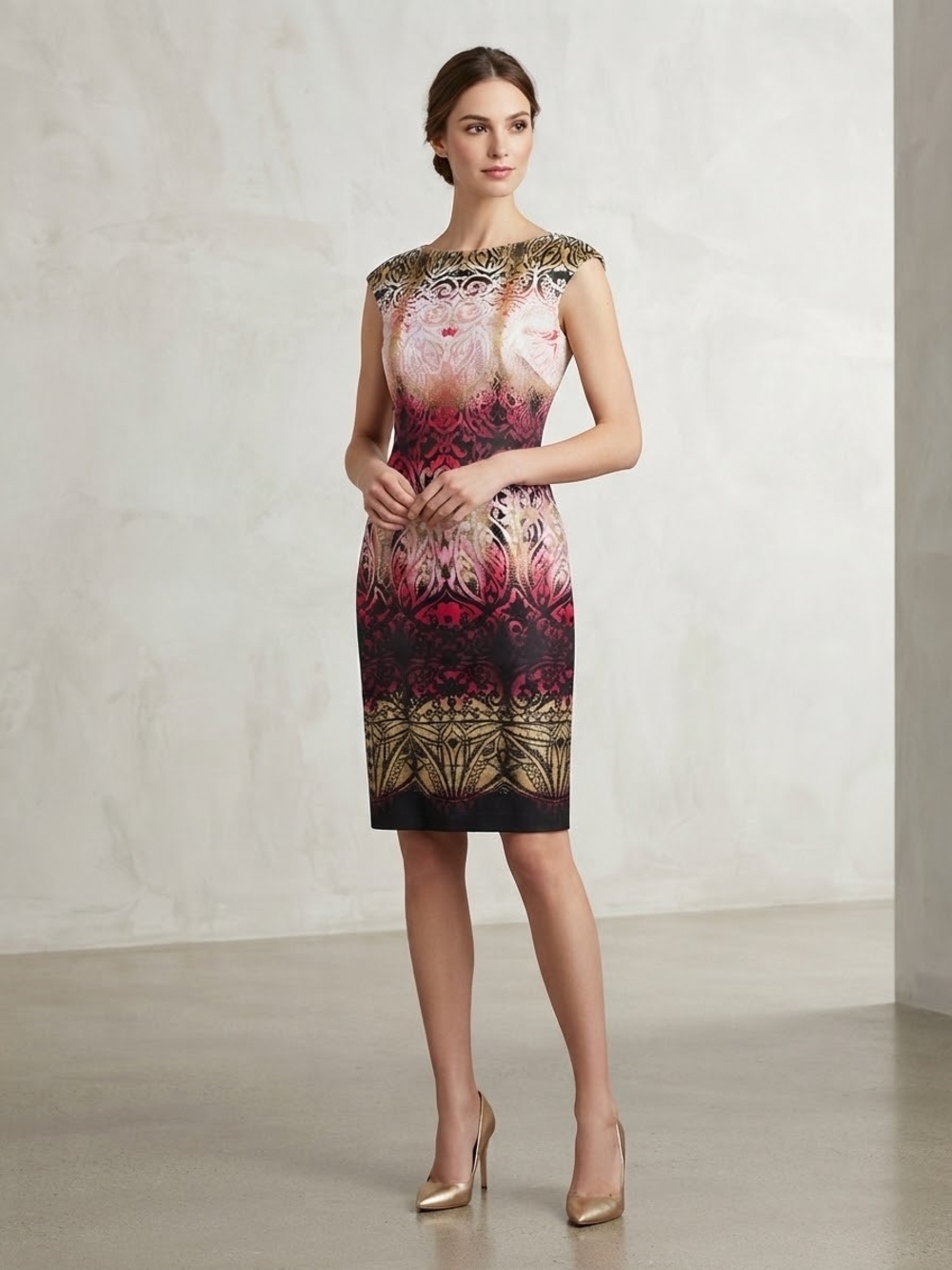 Maggy London Pink Ombre Lace-Print Sheath Dress with Gold Accents